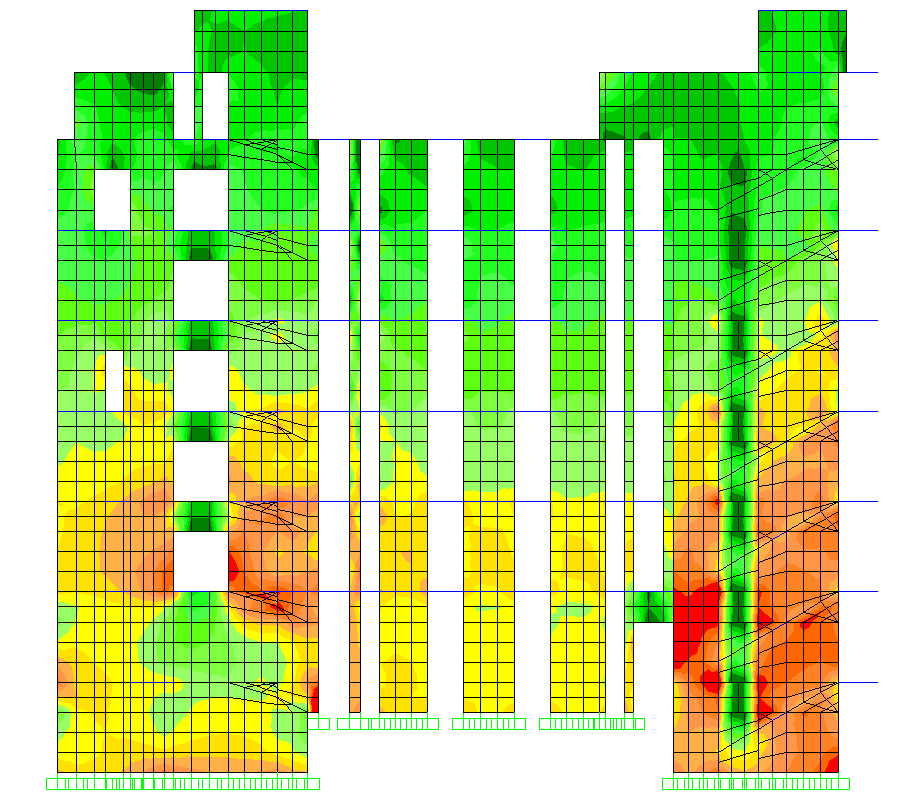 Modello di studio tridimensionale agli elementi finiti: Ante operam. Sforzi verticali di compressione in una parete dell'edificio.