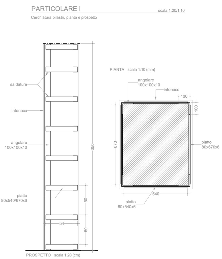 Lavori di miglioramento statico: Disegno di dettaglio per la cerchiatura dei pilastri.