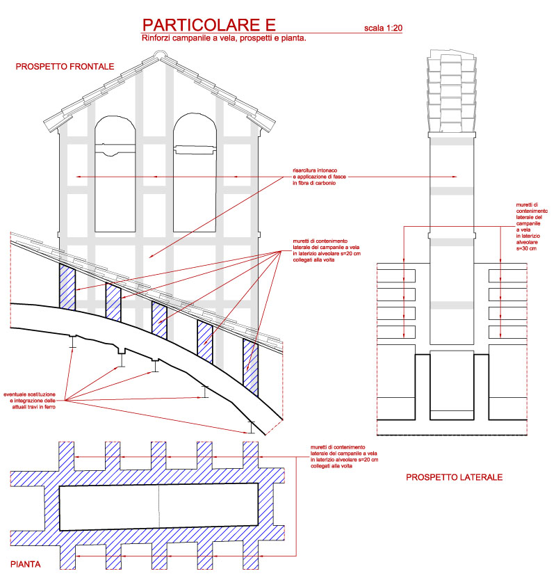 Dettaglio campanile con opere di rinforzo
